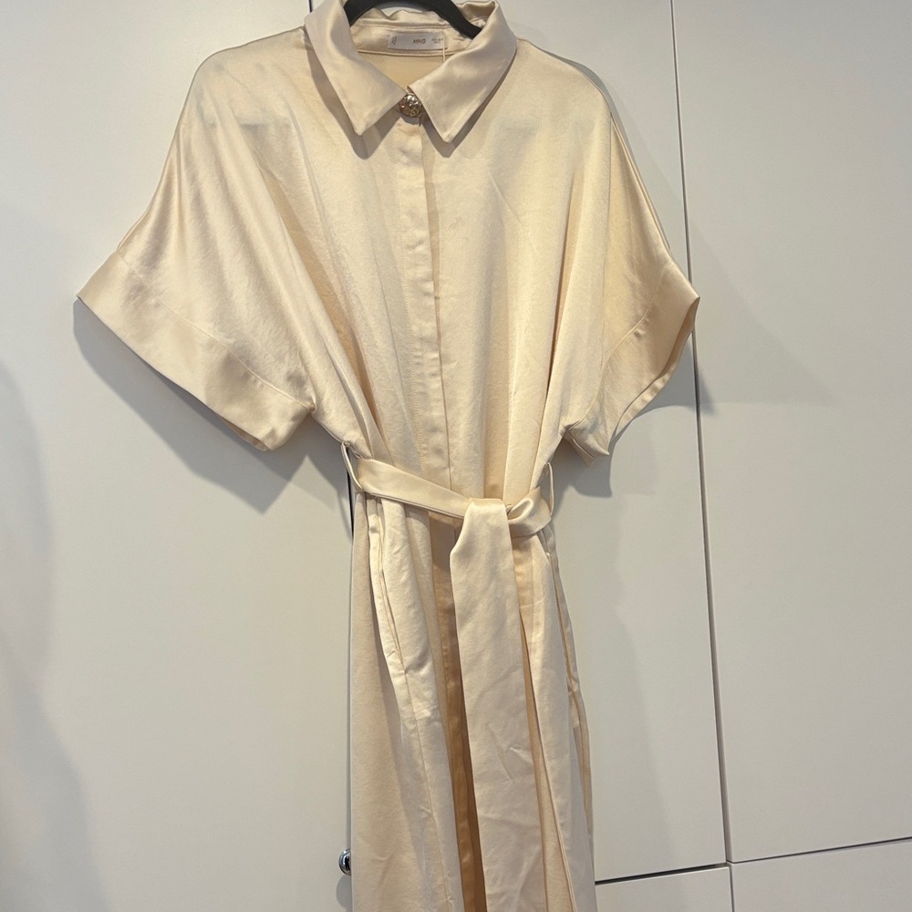 Mango Ivory Satin Shirt Dress with Tie